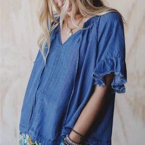 NWOT- Easel Denim Blue Ruffle Sleeve Blouse